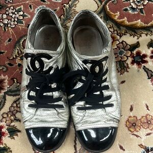 Chanel Metallic Silver and Black Sneakers